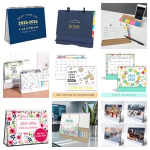 Custom Promotional Chinese Desk Calendar 2026 Advert Logo Desktop Paper Table With Calendar Spiral Office Business