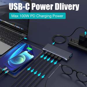 ฮับแปลงพอร์ต Type C รุ่น Custom 12 13 14 in 1 พร้อมพอร์ต Dual HD HDTV, SD, TF, USB 3.1, USB-C 10GB, PD 100W, RJ45 และช่องเสียบเสียง 3.5 มม. สำหรับคอมพิวเตอร์ - Product Image 6