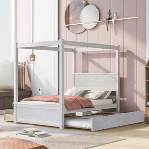 Lit à baldaquin en bois massif blanc avec tiroirs de rangement pour enfants, adultes et personnes âgées - Product Image 1
