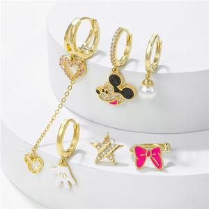 सपा प्यारा लड़की फैशन गुलाबी तामचीनी माउस कान की बाली सेट 18K सोना मढ़वाया जिक्रोन दिल लंबी लटकन कान की बाली सेट - Product Image 3