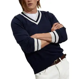 Jersey de manga larga informal de personalización de alta calidad, suéteres de cuello en V de lana Merino para hombre