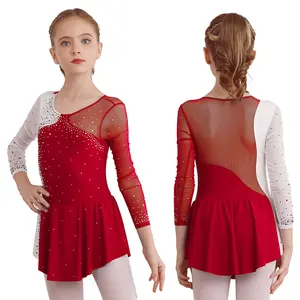 Wholesale Kids Girls Long Sleeve Round Neckline Shiny Rhinestone Decorated Patchwork Skating Dance Dress