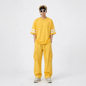 T-shirt Jaune Oversize Homme Manches Courtes Col Rond Coton Jersey Style Urbain Manches Rayées Blanches Couleur Unie Devant Respirant - Product Image 1