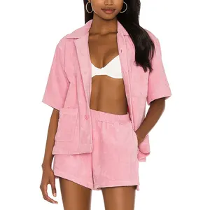 Women Terry 100% Cotton Towel Flannel Boxy Style Shirt and Shorts Lounge Wear Two Pieces Pajama Set