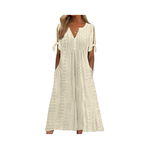 CheChury <span class=keywords><strong>A</strong></span>-ligne Vestido Midi Elegante Para Mujer Vestido Casual De Verano Con Bolsillos Manga Corta <span class=keywords><strong>Y</strong></span> Cuello En V Boho <span class=keywords><strong>Y</strong></span> Bohemio - Product Image 1