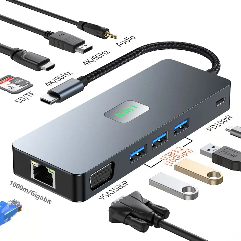 Adaptor Multiport tipe C USB 3.0 HUB 10 in 1, pembaca kartu Gigabit Ethernet SD/TF dengan HDTV 4K @ 60Hz PD100W