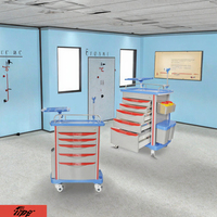 Chariot médical d'urgence en plastique de conception traditionnelle pour hôpital, avec poteau IV, chariot de secours, 5 tiroirs, verrouillage centralisé, 4 roulettes