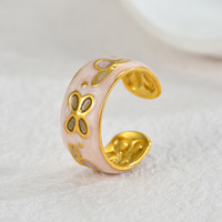 Cincin Terbuka Berlapis Emas Trendy dengan Hiasan Bunga Kupu-Kupu Enamel yang Modis dan Berlebihan untuk Wanita