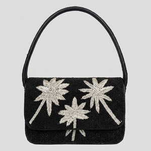 Sac à main ALI FASHION ART fait main en perles de verre noires, forme rectangulaire, broderie palmier argentée, en cuir et coton lavables - Product Image 1
