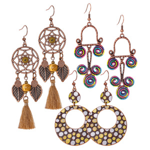 Vintage Boho Ethnic <b>Earrings</b> Set Copper Alloy Turquoise Drop Dangle Women's Party Jewelry Geometric Tassel Feather Flower Design - Product Image 5