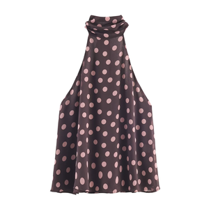 En stock: Blusa casual de verano para mujer, estilo halter de satén con cuello pequeño, sin espalda, con estampado de lunares, sexy y cómoda para el día a día. - Product Image 4