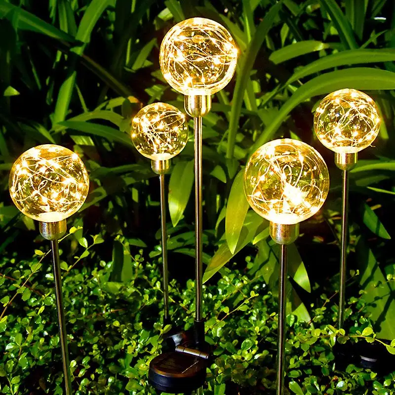 Decorazione del giardino bella sfera di cristallo paletta solare luce in acciaio inox lampione impermeabile via solare lampade decoro