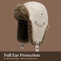 Chapeau de trappeur vintage en similicuir crème avec cache-oreilles en fausse fourrure moka, style aviateur chic d'hiver, bonnet Ushanka bomber