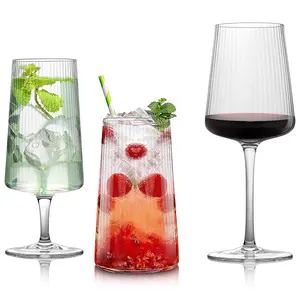 Elegant Crystal Ribbed Glass Goblets Vertical Stripes Wine Glasses Ripple Drinking Glass Cups