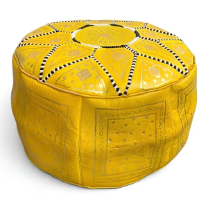 Puf Otomano Redondo de Cuero Hecho a Mano en Marruecos, Reposapiés Amarillo con Bordado Metálico, Diseño Mediterráneo Moderno - Product Image 2