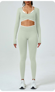 Haut de yoga sans coutures à blocs de couleur pour femme, manches longues, dos en U, séchage rapide, en Spandex, pour la course, le fitness et la gym - Product Image 4