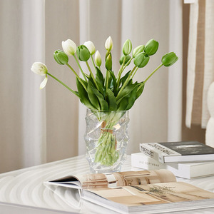 420x320x430mm Home Decor <strong>Table</strong> Centerpiece Realistic Artificial Flowers <strong>Tulip</strong> Bouquet with Textured Glass Vase Set - Product Image 3