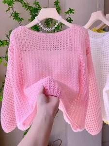 Breathable Hollow Mesh Knit Shirt for Women Boat Neck Oversize Long Sleeve Thin Cover up Soft Airy Summer Daily <strong>Layering</strong> <strong>Top</strong> - Product Image 2