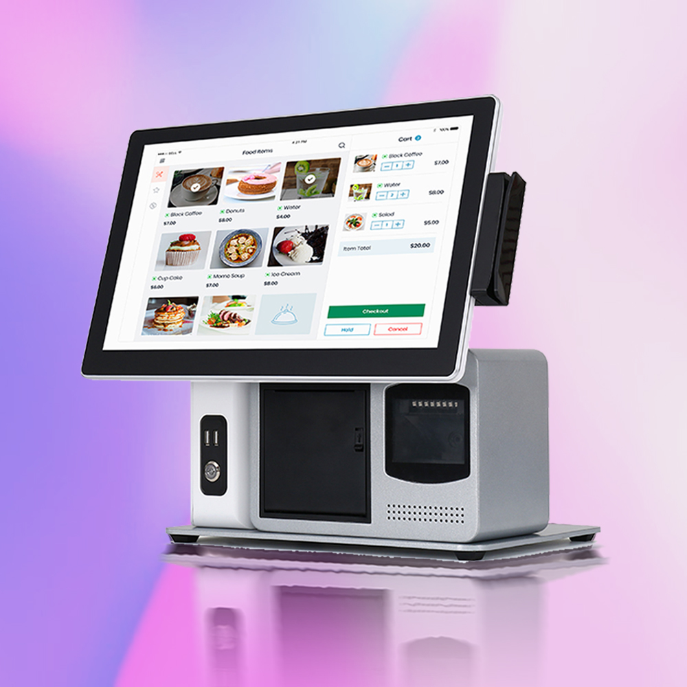 Layar LED TFT layar sentuh All-in-one 15.6 inci, sistem POS TPV dengan pemindai Printer