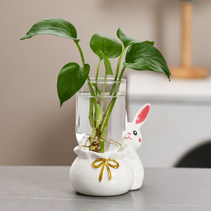 Vase hydroponique en céramique en forme de lapin, lot de deux, décoration de table pour le bureau, cadeau de Pâques, style moderne - Product Image 4