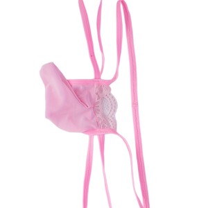 Culotte string sexy pour homme en dentelle rose, taille ultra basse, en maille respirante avec poche pour pénis - Product Image 5