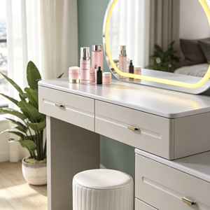 Full Cream <b>Vanity</b> Set Irregular Cloud LED Mirror Chest Hidden Handle Vertical Fluted Gold Base Stool Walk-in Closet Makeup Desk - Product Image 3