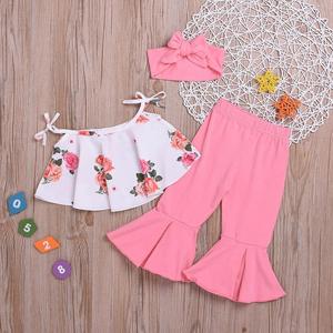Ropa de Verano para Bebés al por Mayor, Conjuntos de Ropa para Niñas, Diadema + Blusa con Volantes + Pantalones Acampanados, Conjuntos de 3 Piezas - Product Image 3