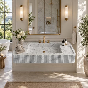 Meuble-lavabo mural flottant Unionstone pour salle de bain, en marbre cannelé blanc de Carrare, avec vasque simple cannelée - Product Image 4