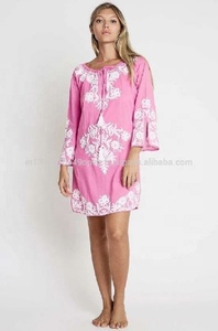 Ravishing Pink Bohemian Embroidered Cotton <b>Mini</b> Dress <b>Lantern</b> Sleeves Plus Size Women's Casual Tunic Summer Loose Contrast Color - Product Image 5