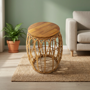 Nouvelle table d'appoint tressée en forme de baril avec plateau en bois - Support de patio en métal robuste - Product Image 6