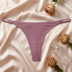 Solid Ribbed Knit Women Thong Panties LOVE Letter Printed <b>Elastic</b> Waistband Low Rise Seamless Ladies G <b>String</b> Underwear OEM ODM - Product Image 3