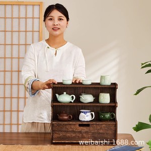 Support pour tasses à thé en bois massif de style chinois, étagère de présentation sur table, 42x15x38 Cm, pour rangement dans le salon - Product Image 5