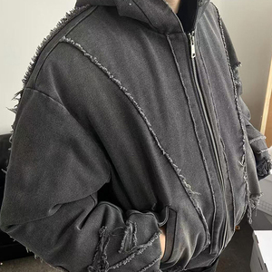 Veste en coton délavé vintage ample pour homme, style streetwear, avec logo personnalisé, design effet usé, fermeture éclair, vente en gros - Product Image 3