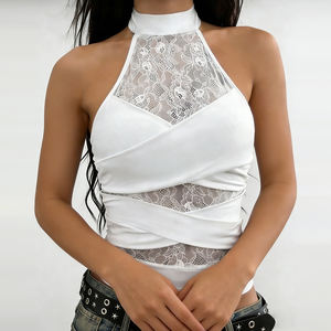 Top sin mangas para mujer, de encaje transparente, cuello alto, estilo halter, con cintura entallada, estilo sexy y atractivo. - Product Image 3