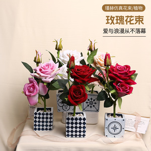 ดอกกุหลาบผ้าไหมประดิษฐ์ Jinhe ขนาด 7.5x7.5x28 ซม. กระถางลายตารางตกแต่งบ้าน - Product Image 5
