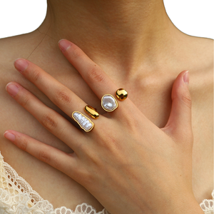 Haomi-Bague ouverte vintage en acier inoxydable plaqué or 18 carats, perle baroque <span class=keywords><strong>panachée</strong></span> imperméable pour femmes, mariage - Product Image 1