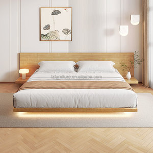 Affordable 3 Star Hotel <b>Platform</b> <b>Bed</b> Set Wooden <b>Frame</b> with Large Panel Headboard and Floating Nightstands for Budget Hotel - Product Image 1