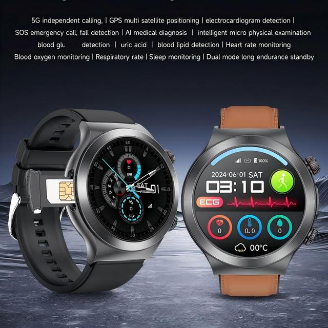 SIM Card 5G Smartwatch with HD AMOLED Display ECG Detection Fitness Tracker Leather Band Magnetic Charging