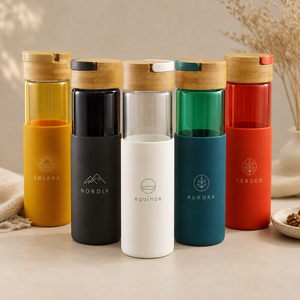 Vaso de Vidrio Promocional, Vaso de Plástico con Tapa de Madera Creativa, Botella de Agua Deportiva Portátil con Asa para Hombres y Mujeres - Product Image 1