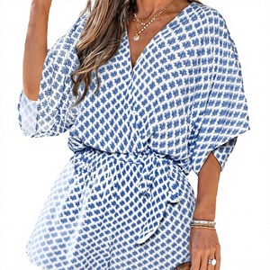 Combinaison en mousseline de soie à imprimé géométrique bleu pour femme, col en V, manches bouffantes, ceinture, coupe ample, décontractée, printemps-été, au-dessus du genou - Product Image 4