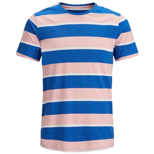 Men's Striped Short Sleeve O-Neck T-Shirt Regular Fit Casual Knitted Blue Pink <b>White</b> Patterned Top - Product Image 4