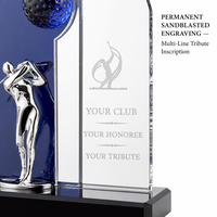 Trophée commémoratif de golf personnalisé en cristal, panneau bleu et transparent, figurine de golfeur argentée, récompense de hommage au club gravée, vente en gros d'usine