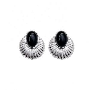 French Retro Geometric High-end <b>Black</b> Oval-shaped Women's <b>Gold</b> Plated Stud <b>Earrings</b> Elegant Temperament Silver Needle Party - Product Image 5