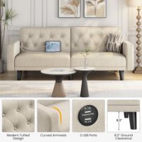Wandelbares Sofa Kleines Futon-Schlafsofa mit 2 USB-Anschlüssen Verstellbare Rückenlehne Mid-Century Loveseat für Wohnzimmer Apartment Büro