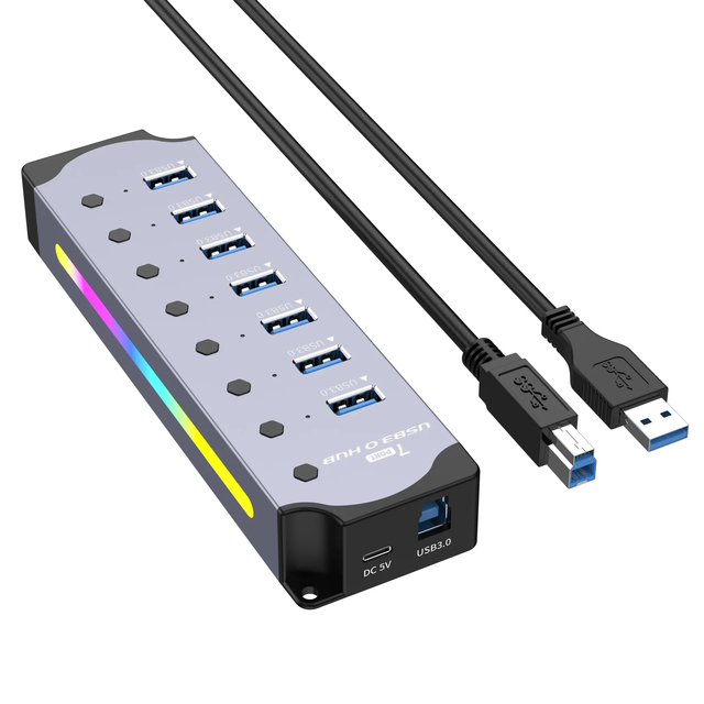 RGB 7 Port USB 3.0 Hub Individual Power Switches 5V/2.4A Power Adapter High Speed Data Transfer Aluminum USB Hub for PC Laptop