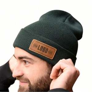 High Quality Unisex Warm Cuffed Beanie with Leather <b>Patch</b> Soft Cozy Knitted Winter Hat for Beach Business Travel Custom Logo - Product Image 1