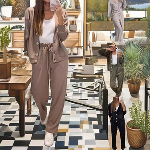 Conjunto de Pantalones Rectos Casuales y Suéter Holgado Transpirable con Cuello en V, Color Sólido, Nueva Moda Otoño 2025, Venta al Por Mayor - Product Image 2