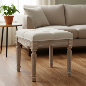 Reposapiés Acolchado Estilo Vintage, Asiento Tapizado Beige, Patas de Madera Rústicas, Muebles para Sala de Estar, Otomana para el Hogar - Product Image 2