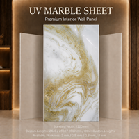 Lámina de Mármol UV MORLENX con Remolinos Minerales en Oro Champán, Panel de Pared de Alto Brillo para Proyectos de Recepción en Resorts de Lujo