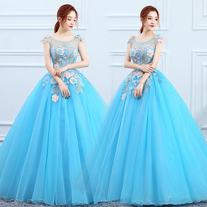 Sky Blue Ball Gown O-Neck Floral Print Chiffon Empire Waistline Long Evening Dress For Women - Product Image 2
